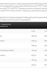 Nutrition facts and ingredients for Kevin Levrone Gold Line Fruit Massage supplement, 385g.